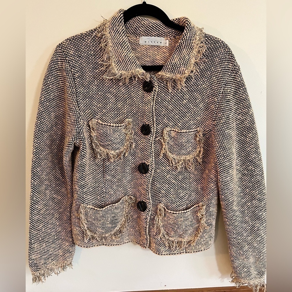 Vintage Willow Black/Cream Button Front Frayed Jacket with Pockets Large - Picture 1 of 9